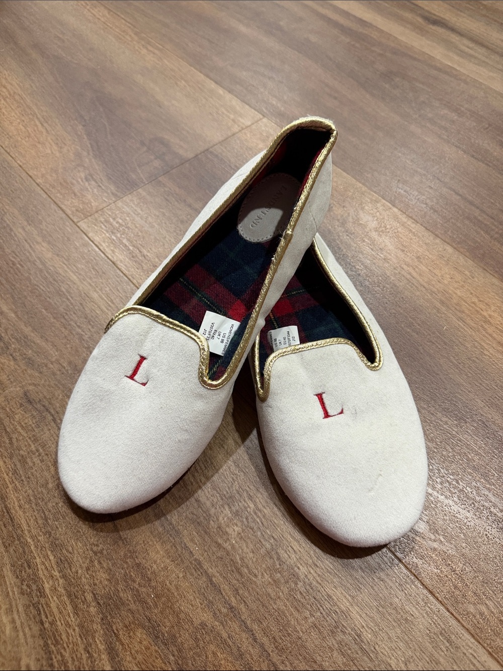 Lands' End Cream Slippers with Red Monogram and Gold Trim